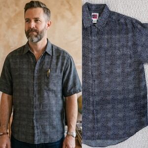 Reputation Mens 100% Silk Short Sleeve Button Down Shirt Glen Plaid Black, Large